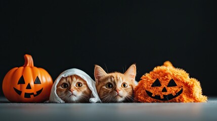 Fototapeta premium Halloween Background, Cats in Halloween costumes with pumpkins on a dark background.