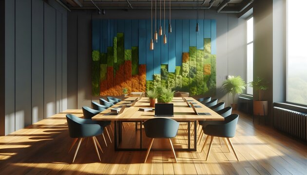 A detailed, hyper-realistic workspace setting for a modern startup. The focus is a large communal table with laptops and wooden chairs. The backdrop includes a lush moss wall, 