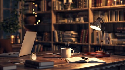 Show a stylish workspace with a coffee cup on the desk adjacent to a bookshelf filled with books and decor along with a laptop and a notebook reflecting a cozy and intellectual atmosphere