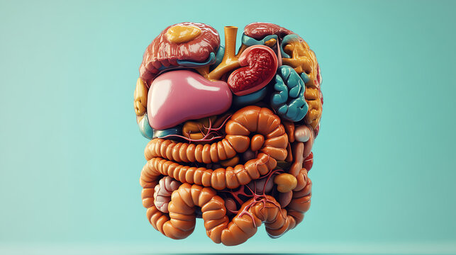 A detailed and colorful representation of internal human organs, showcasing the complexity of the digestive system and its components.