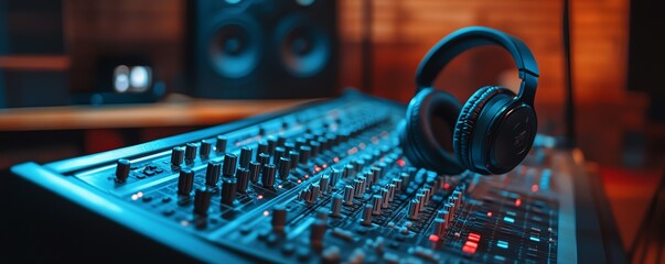A close view of podcasting equipment in action, highlighting a mixing console and headphones in a wellequipped studio, symbolizing audio excellence