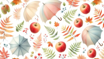 A minimalist white wallpaper with soft watercolor-style illustrations of colorful umbrellas, fern leaves, and red apples scattered in fall colors, viewed from the side with plenty of open space.