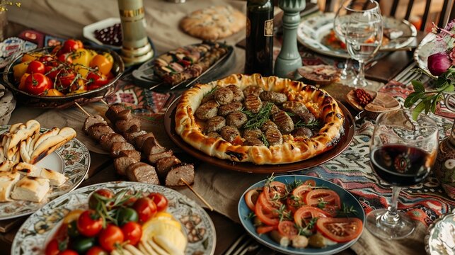 Georgian supra with khachapuri kebabs and wine enjoyed in a large family gathering