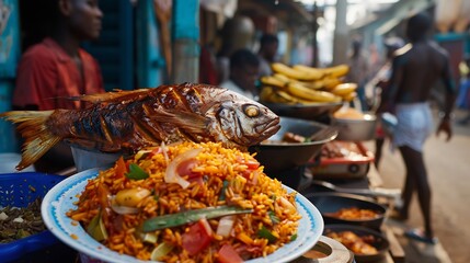 Ghanaian chop bar with jollof rice grilled tilapia and fried plantains in a bustling street setting