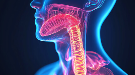 Detailed anatomical illustration of the human throat and neck, showcasing the intricate structures and soft tissues in vibrant colors.