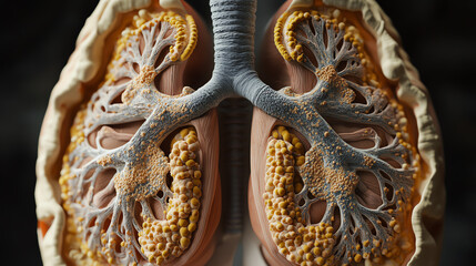 Fototapeta premium Detailed anatomical model of human lungs showcasing respiratory structures and alveoli with intricate textures, isolated on a dark background.