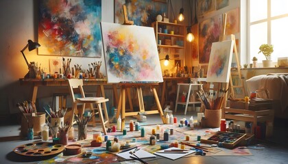 A brightly lit artist’s studio with paint splatters on the floor and walls, canvases in various stages of completion, and an easel with a painting in progress. Art supplies, including brushes, paints,