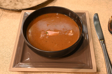 Soup served in a restaurant. Lamb soup.