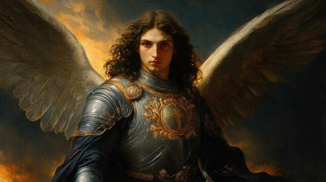Heavenly protector: Archangel Michael portrayed in celestial glory, showcasing powerful imagery and divine aura, symbolizing bravery and guidance .