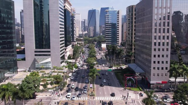 Aerial view of Avenida Brigadeiro Faria Lima, Itaim Bibi. Iconic commercial buildings in the background.