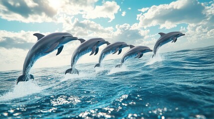 Fototapeta premium Dolphins Jumping Over Ocean Waves in Bright Sky