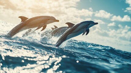 Dolphins Jumping Through Ocean Waves at Sunset © Boonnam Burart