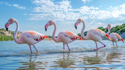 Graceful Flamingos Walking in Shallow Water