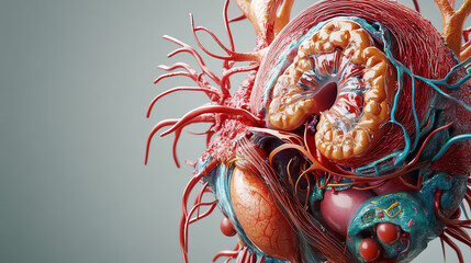 Highly detailed anatomical illustration showcasing human organs, blood vessels, and intricate structures against a soft background.