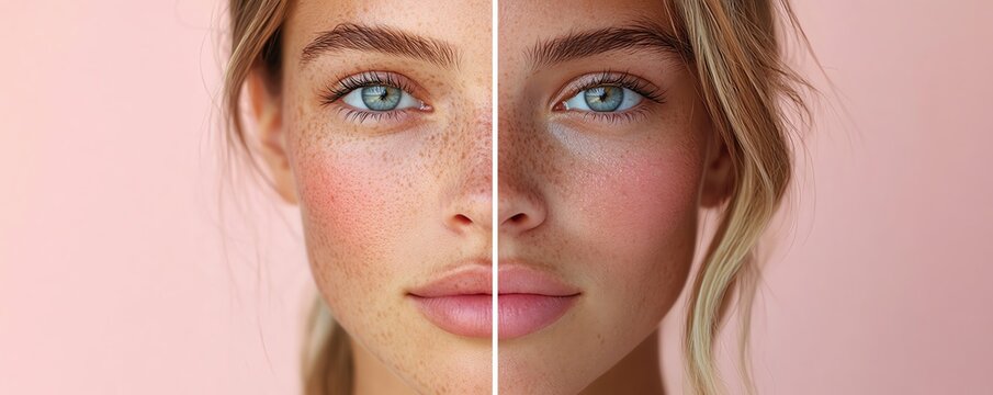 A split image focusing on a woman s face, with clear skin on one side and problematic skin on the other, highlighting the importance of skin health