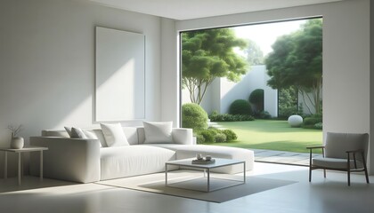A minimalist living room with a clean, modern design. The room features a comfortable white couch, a simple coffee table, and large windows offering a view of a lush green garden. The space is unclutt