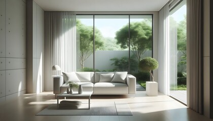 Fototapeta premium A minimalist living room with a clean, modern design. The room features a comfortable white couch, a simple coffee table, and large windows offering a view of a lush green garden. The space is unclutt