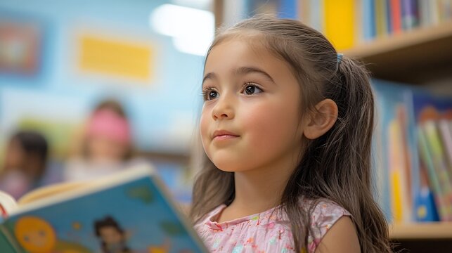 Kindergartener enjoying a storytime session with a guest reader listening intently to a new book