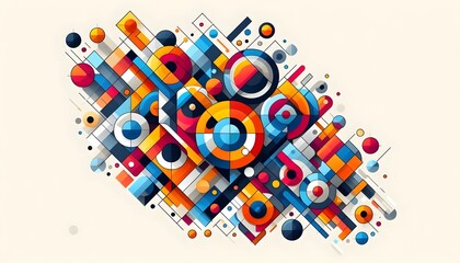Obraz premium An abstract design of interconnected geometric shapes, such as circles, triangles, and squares, in a variety of bright colors. The shapes overlap and interact, creating a dynamic sense of depth and mo