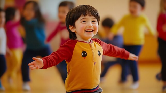 Kindergartener enjoying a dance class moving to the rhythm and following the instructors movements with enthusiasm