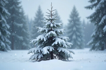 Snow-covered pine tree in a foggy winter forest