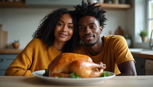 Black african american couple celeberating thanksgiving with roasted turkey