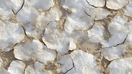 a seamless texture of saline soil, featuring white and grey crusty salt deposits over a sandy surface