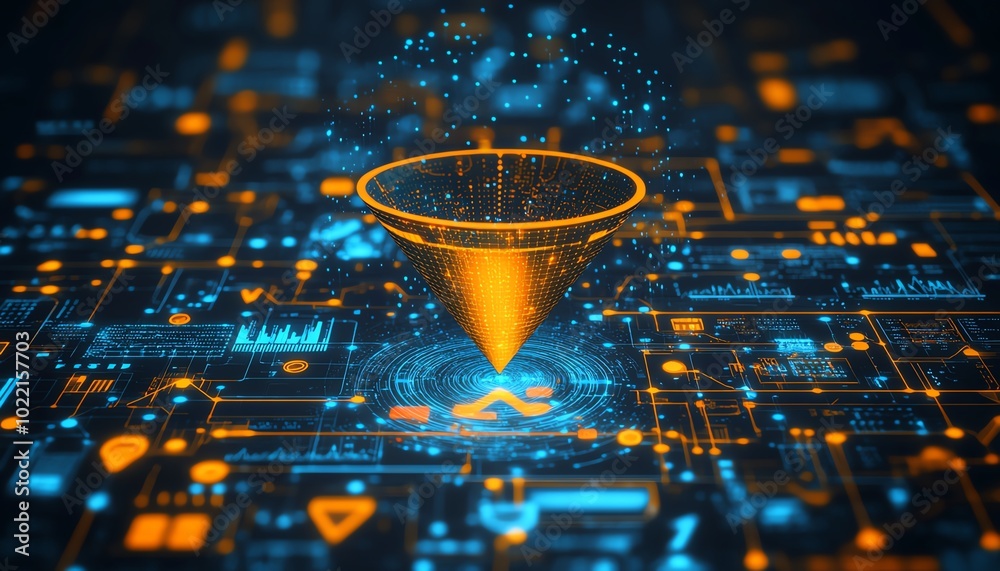 Poster Creative concept of digital transformation using a data collection funnel, symbolizing the synergy between technology and data analytics in contemporary business, bold graphics