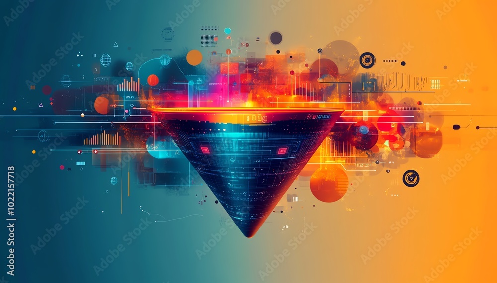 Aufkleber Creative concept of digital transformation using a data collection funnel, symbolizing the synergy between technology and data analytics in contemporary business, bold graphics
