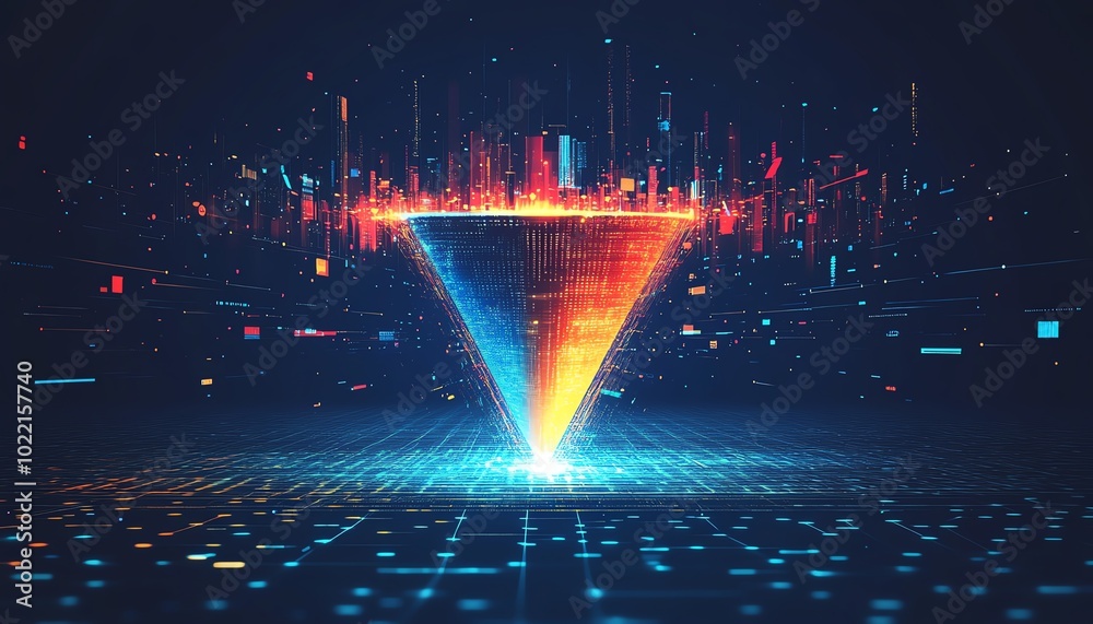 Aufkleber Creative concept of digital transformation using a data collection funnel, symbolizing the synergy between technology and data analytics in contemporary business, bold graphics