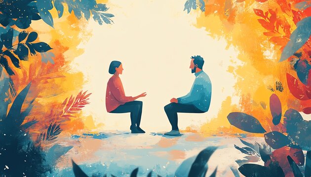 Empowering coaching concept featuring a mentor advising an individual, symbolizing personal growth and success, contemporary style, vivid colors