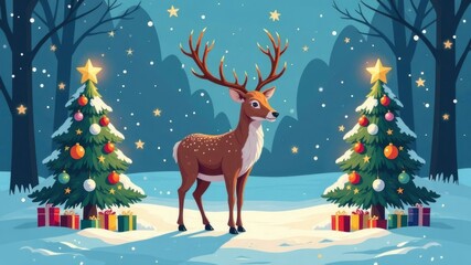 Naklejka premium Majestic reindeer in snowy forest with decorated christmas trees and gifts under starry night sky, celebrating merry christmas and happy new year