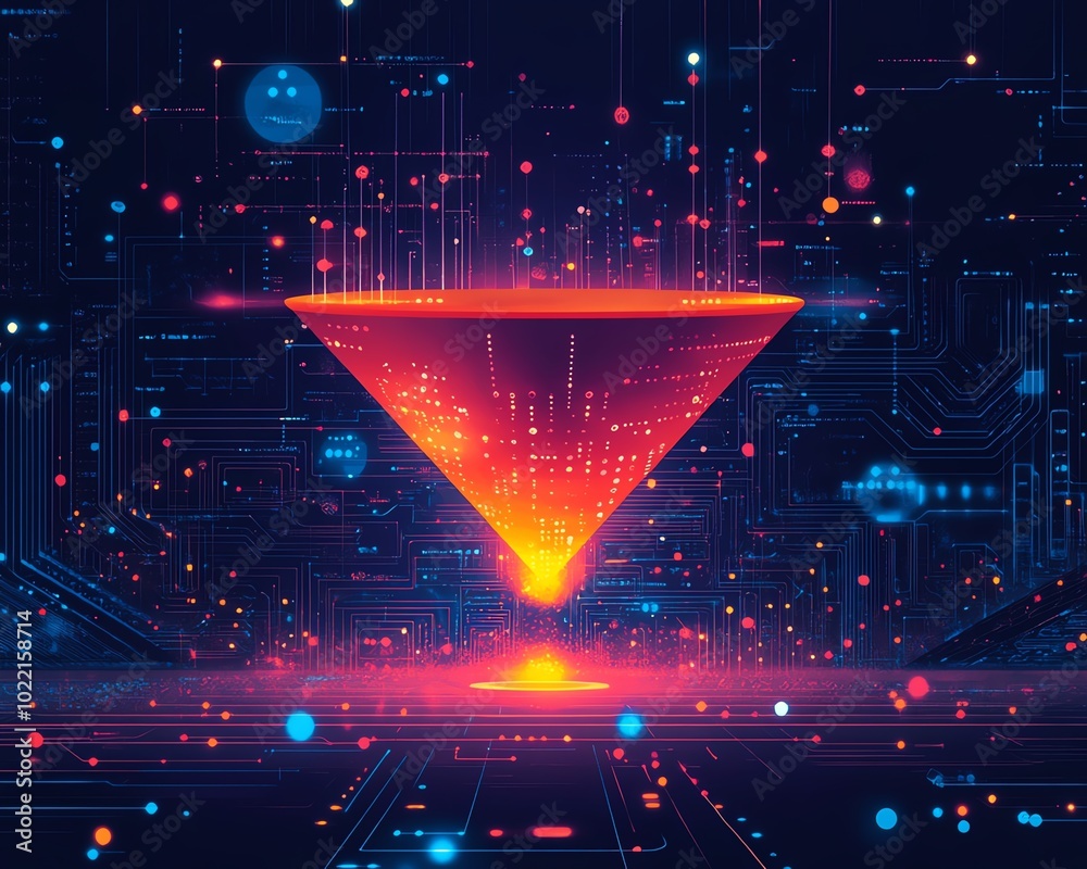 Poster Illustration of a data collection funnel representing digital transformation, focusing on the fusion of technology and data analytics in business, with a techinspired aesthetic