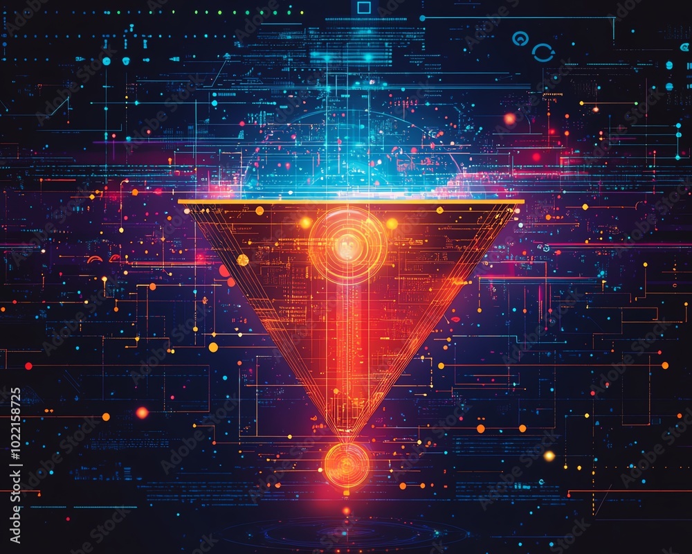 Poster Illustration of a data collection funnel representing digital transformation, focusing on the fusion of technology and data analytics in business, with a techinspired aesthetic