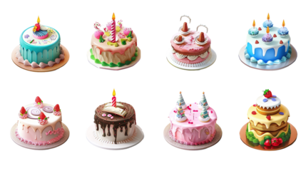 A set of eight colorful birthday cake icons. Each cake is decorated with frosting, candles, and other festive toppings. Generative ai