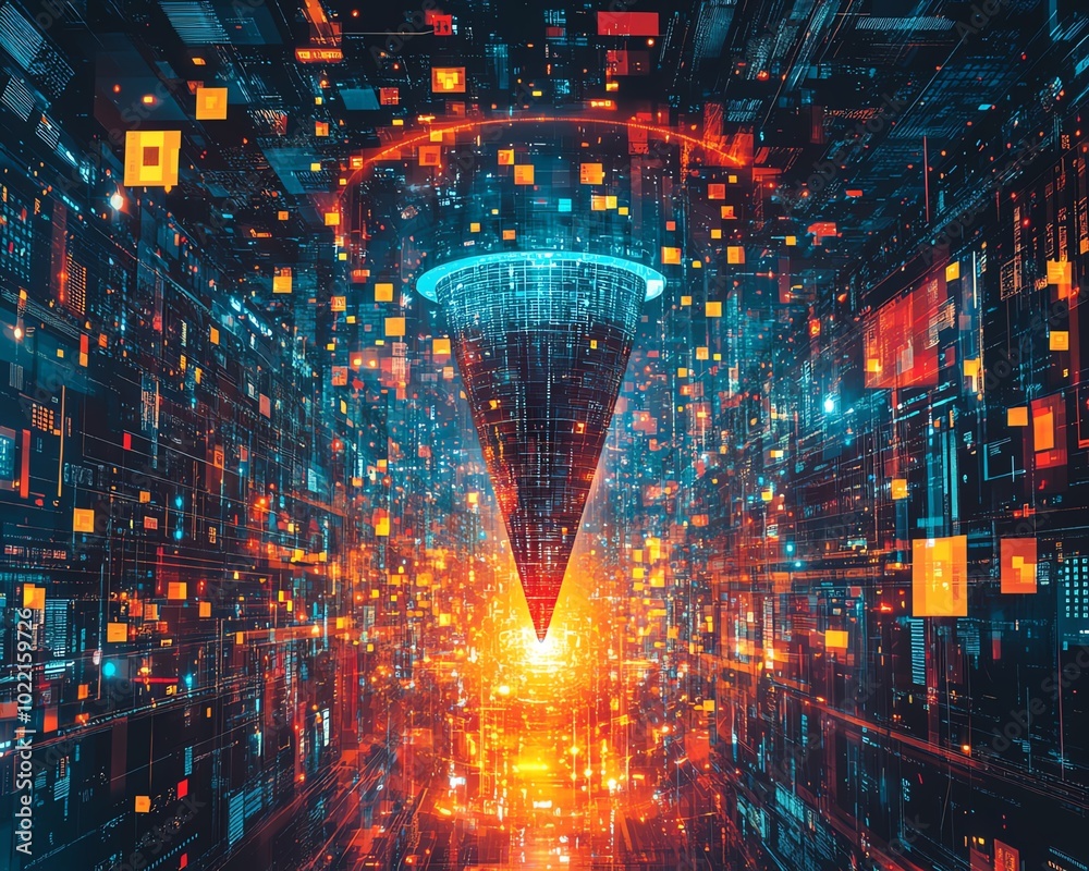 Leinwandbilder artistic depiction of a digital transformation theme, highlighting a data collection funnel that emb