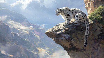 Snow Leopard on a Mountain Peak in Majestic Landscape