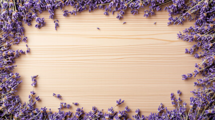 lavender tea: a natural frame of dried lavender buds, scattered loosely around the edges on a light...