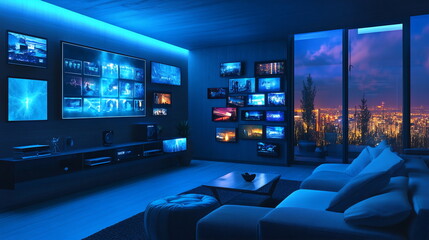 Immersive futuristic living spaces with multi-screen digital displays