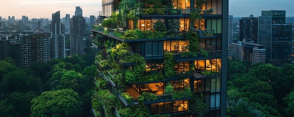 Lush green terraces atop modern highrises, creating a beautiful urban skyline while improving air quality and sustainability