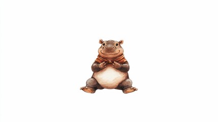 Obraz premium Concept about Pygmy hippopotamus. Watercolor painting of a hippo sitting with a cheerful expression, wearing a brown scarf and featuring soft colors on a white background.