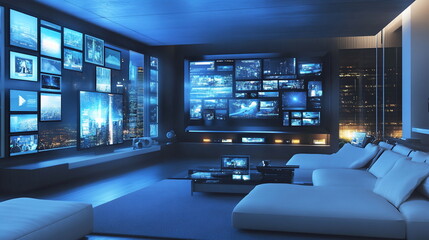 Immersive futuristic living spaces with multi-screen digital displays