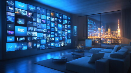 Immersive futuristic living spaces with multi-screen digital displays