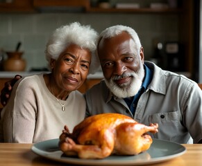 Old black african american couple celeberating thanksgiving with roasted turkey