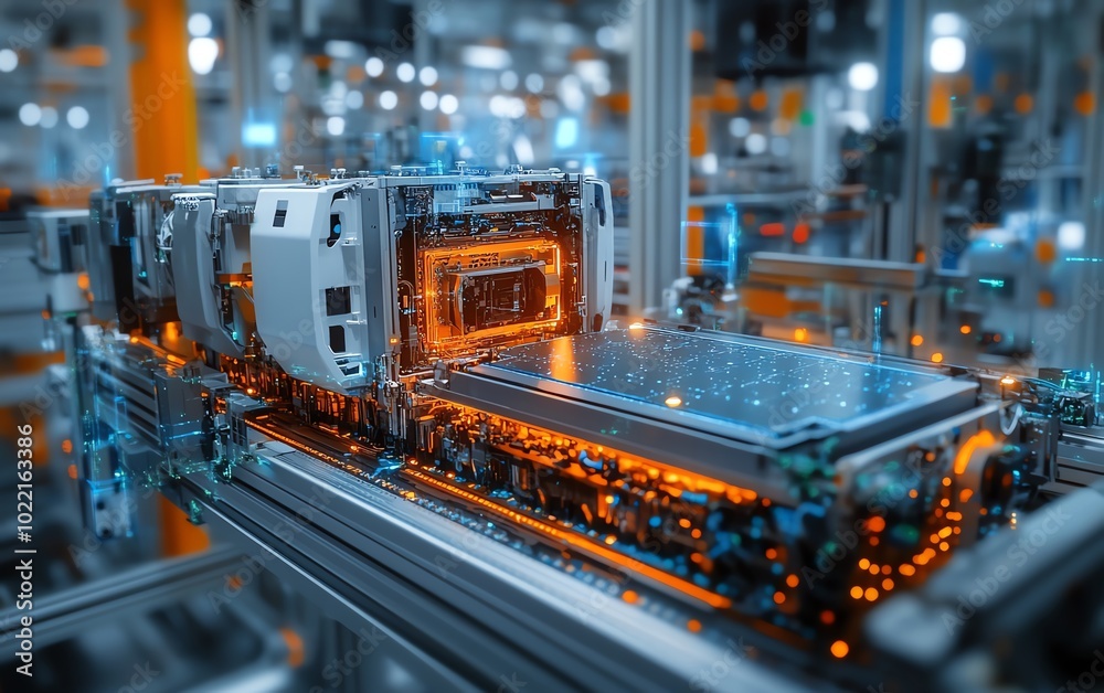 Poster closeup shot of battery cell assembly in an electric vehicle production line, emphasizing the precis