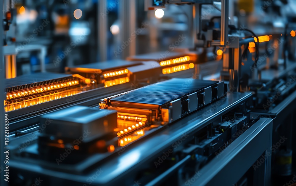Poster closeup shot of battery cell assembly in an electric vehicle production line, emphasizing the precis