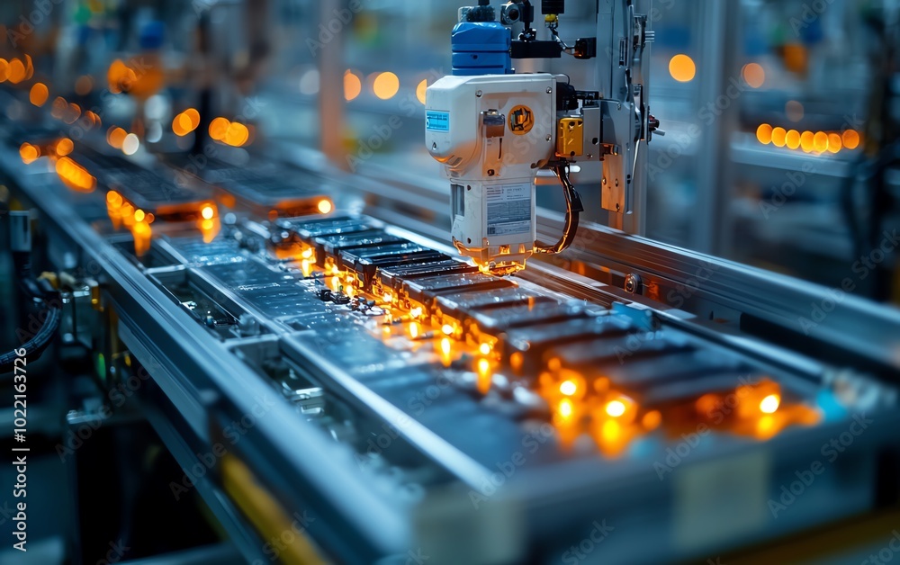 Poster highresolution closeup of an assembly line for electric vehicle battery cells, showcasing intricate 