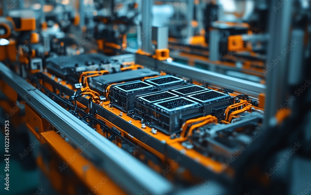 Poster highresolution closeup of an assembly line for electric vehicle battery cells, showcasing intricate 