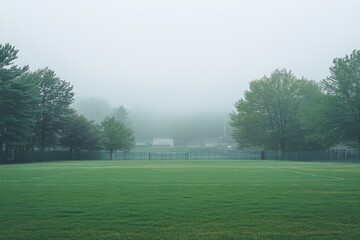 Naklejka premium A misty morning on a green field. This photo is perfect for depicting a serene or mysterious mood, emphasizing the ethereal quality of fog.