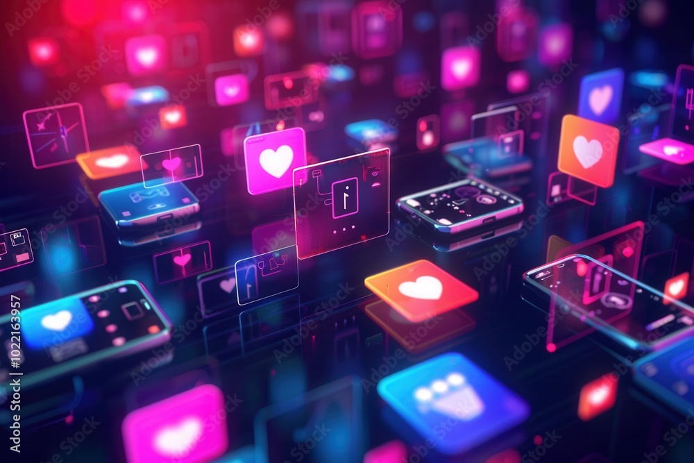 Aufkleber colorful smartphone screens showcase various social media icons with likes and comments, highlightin